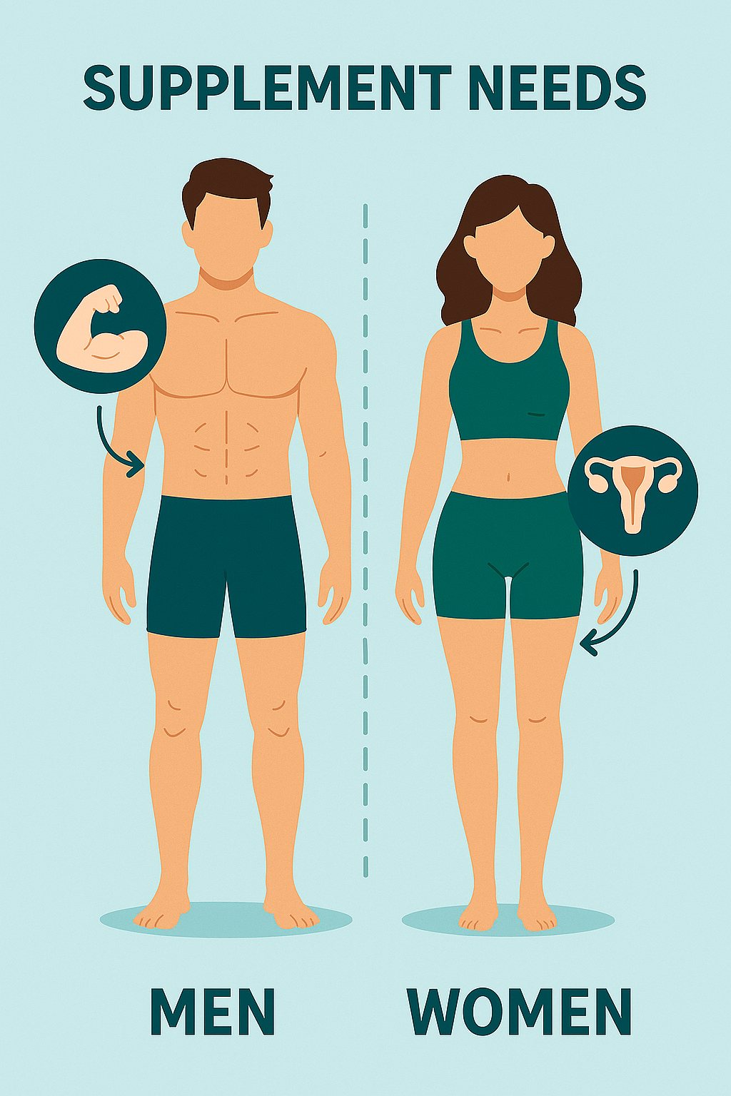 Comparison of male and female bodies highlighting different supplement needs and physiological differences