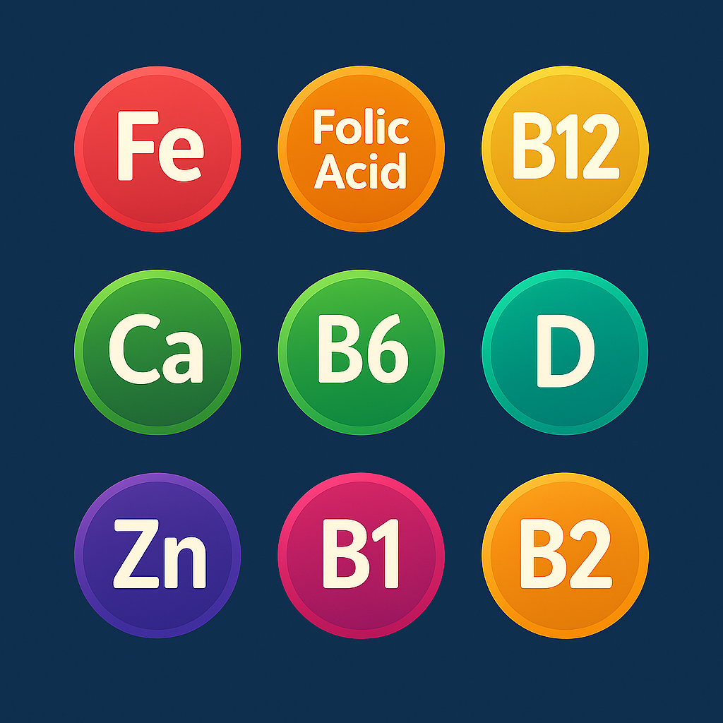 Essential nutrient icons showing Iron, Folate, Zinc, and B12 with gender-specific dosage recommendations