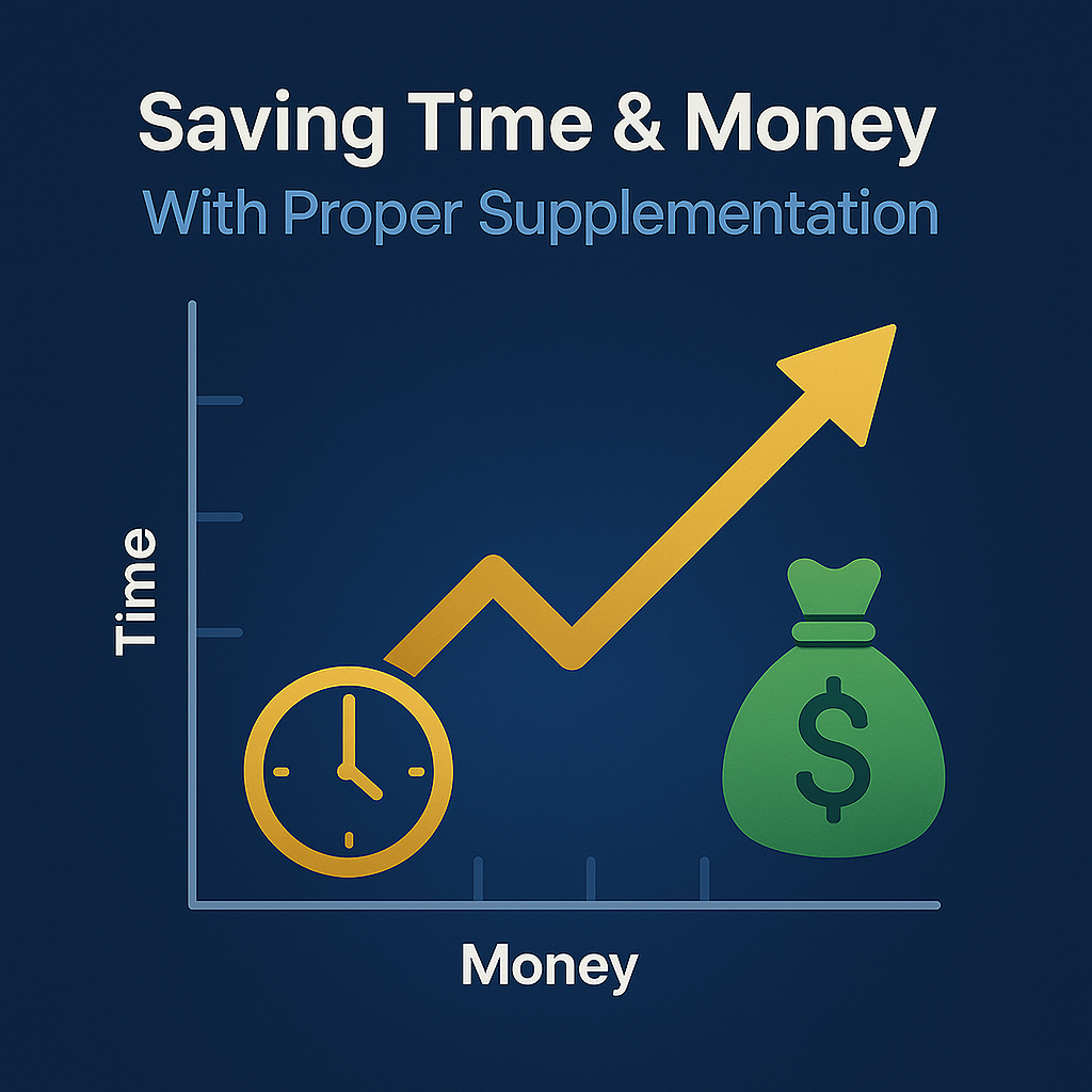 Time and cost efficiency chart showing supplement benefits and savings for men and women
