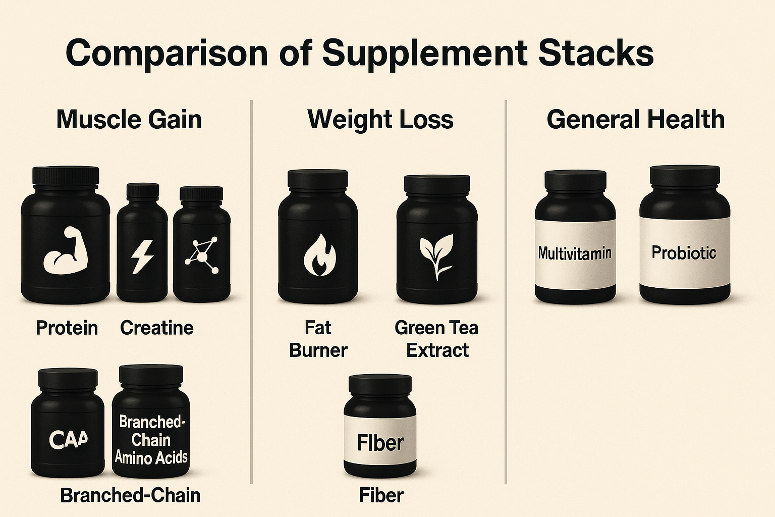 Comparison chart showing different supplement stacks for muscle gain, weight loss, and general health optimization
