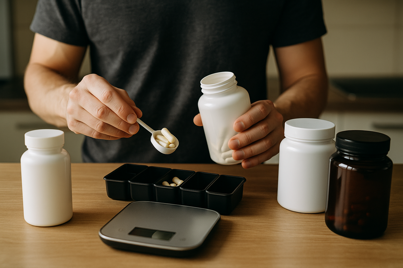 Person carefully preparing and organizing their personalized supplement stack at home