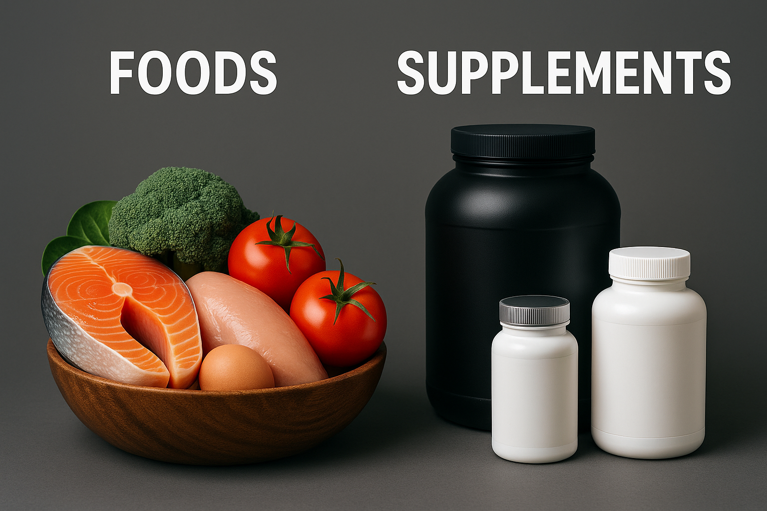 Side by side comparison of whole foods versus supplement bottles, emphasizing synergy