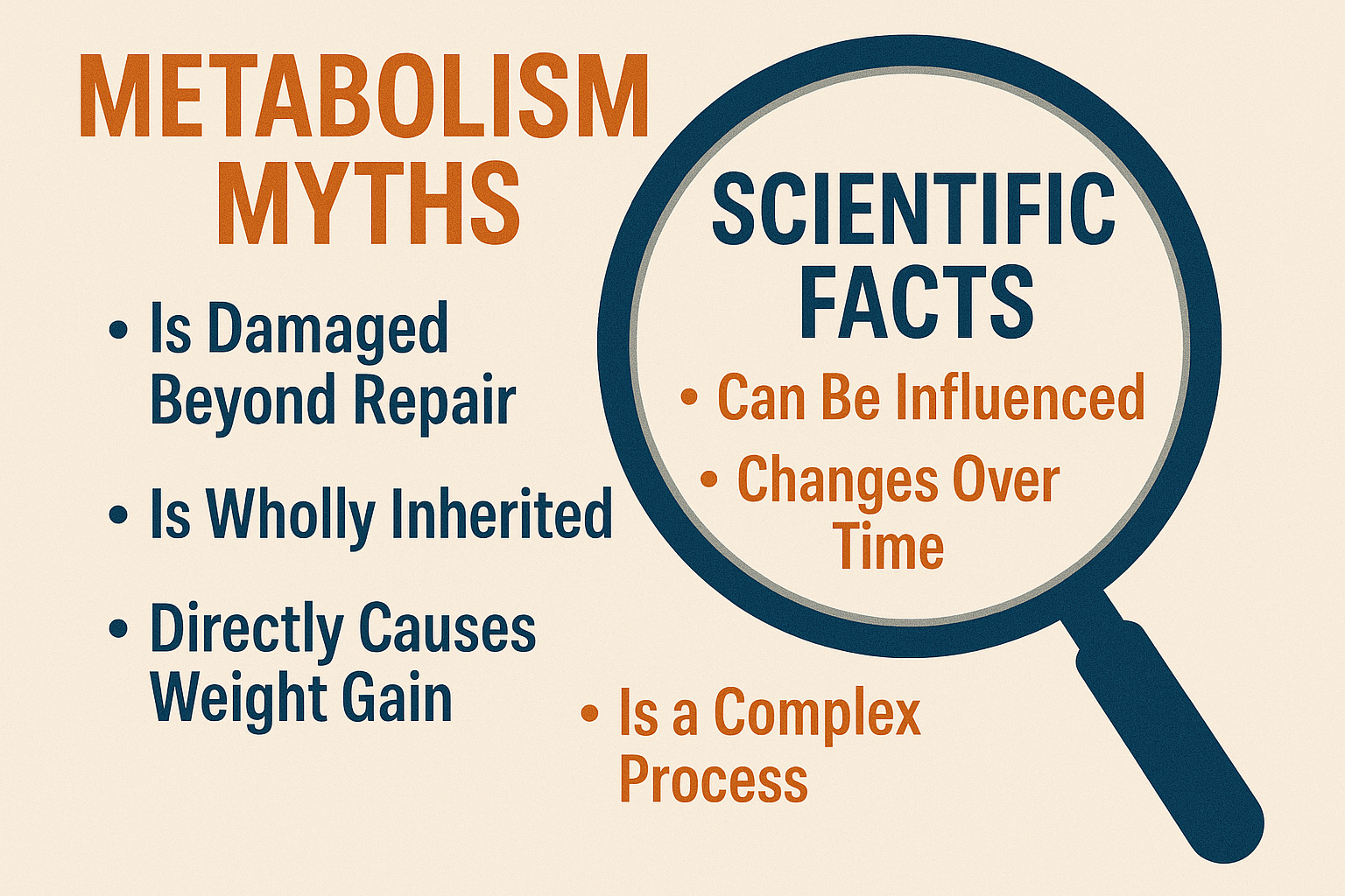 An image depicting a magnifying glass exposing common metabolism myths while highlighting scientific facts.