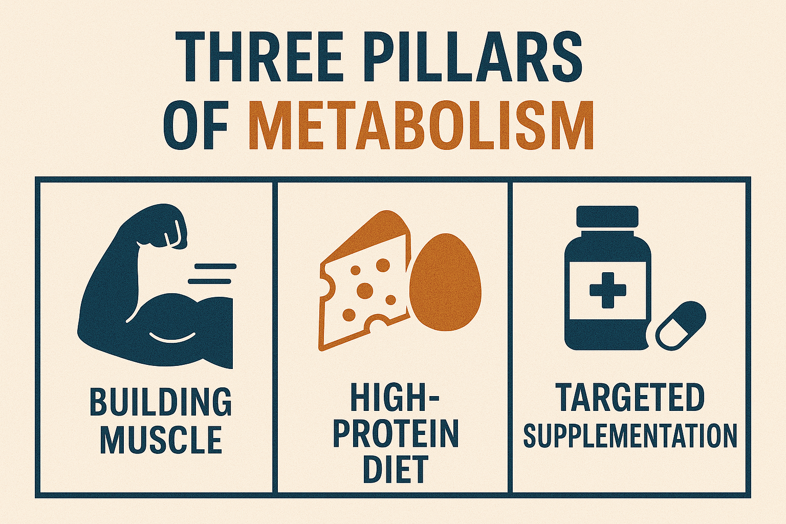 A graphic showing three main pillars of metabolism: Building Muscle, High-Protein Diet, and Targeted Supplementation.