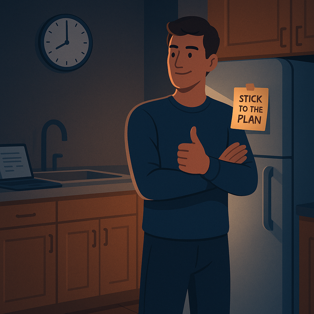 An image showing a clock pointing to 9 PM with a person successfully resisting the urge to open the fridge, thanks to a clear plan.
