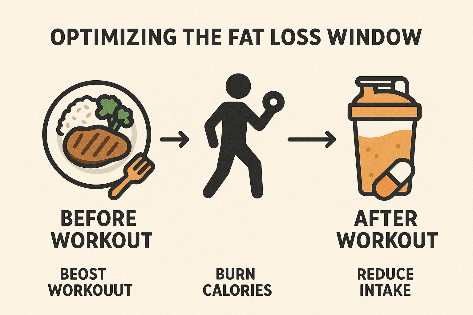 A visual timeline showing a plate of food before a workout icon and a protein shake after the workout icon, optimizing the fat loss window.