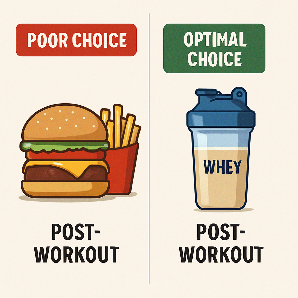 A graphic comparing a poor post-workout choice (burger and fries) with an optimal choice (a clean whey protein shake).