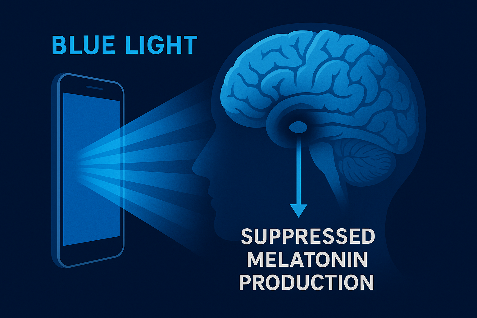 An illustration showing the brain's response to blue light at night, with suppressed melatonin production.