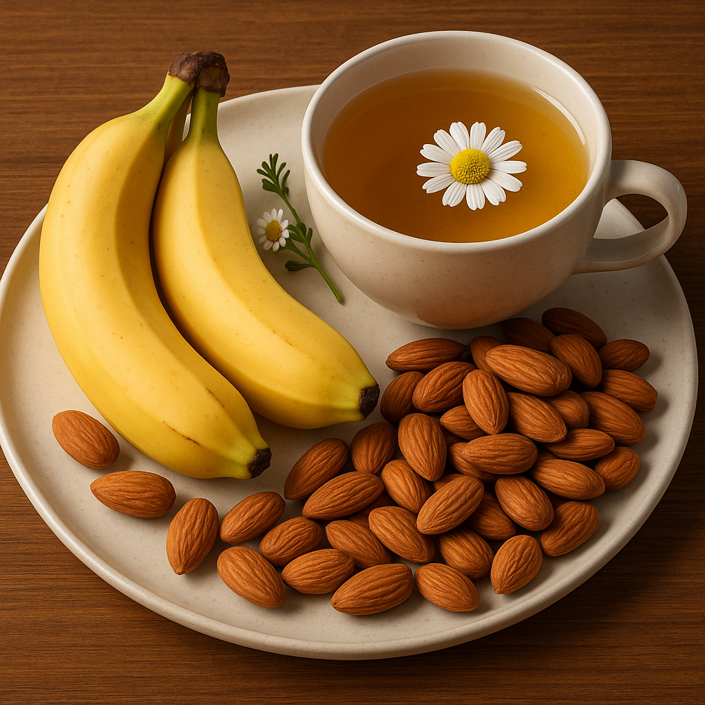 A plate of sleep-promoting foods like bananas, almonds, and a cup of chamomile tea.