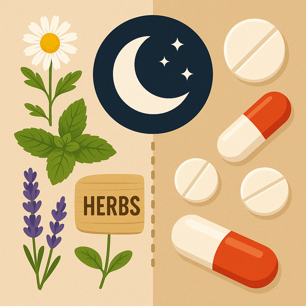 An illustration comparing natural elements (herbs, plants) with pharmaceutical pills, symbolizing the two approaches to sleep.