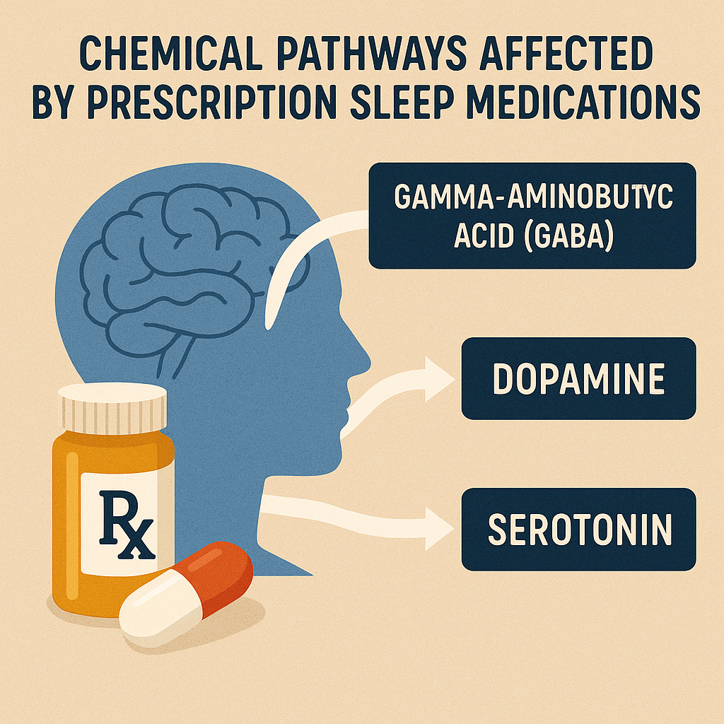 A graphic illustrating the chemical pathways affected by prescription sleep medications in the brain.
