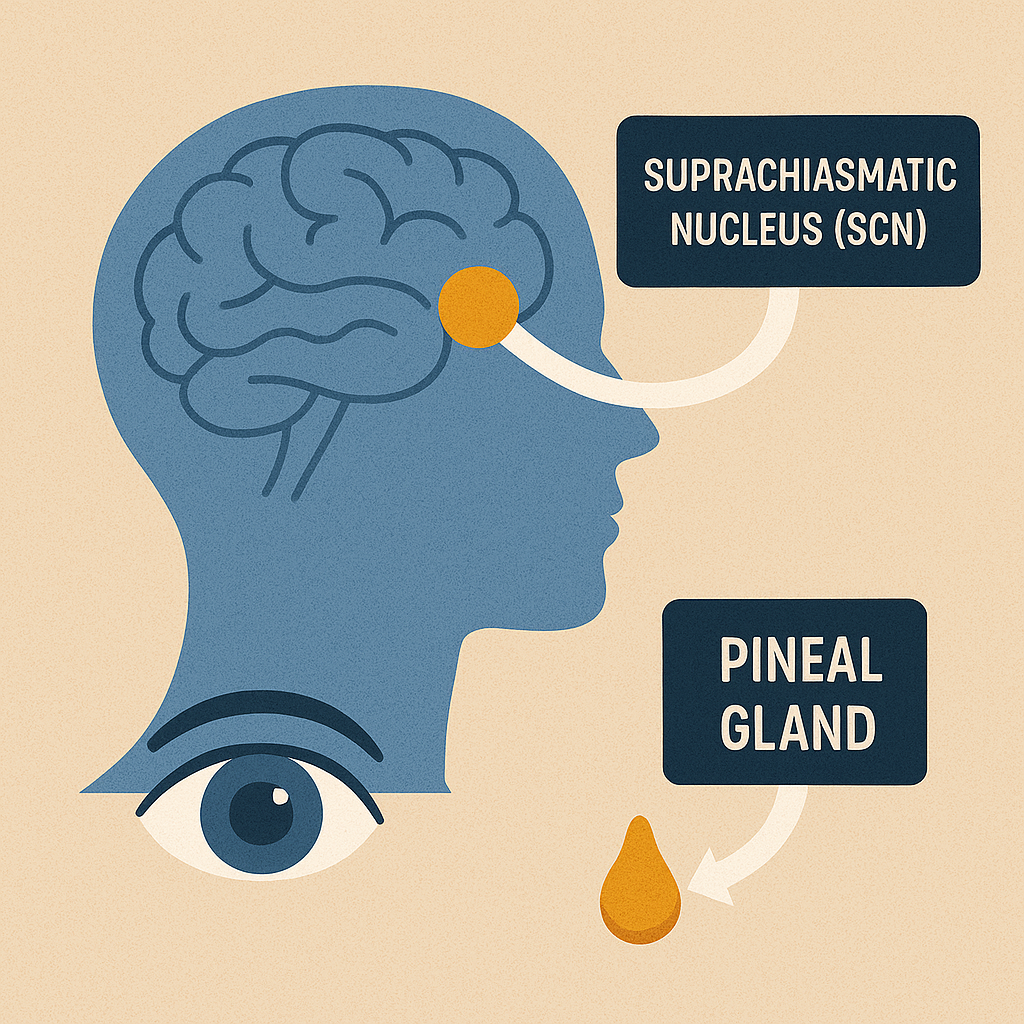 An illustration of the human brain with the suprachiasmatic nucleus (SCN) highlighted, showing its connection to the eyes and pineal gland.
