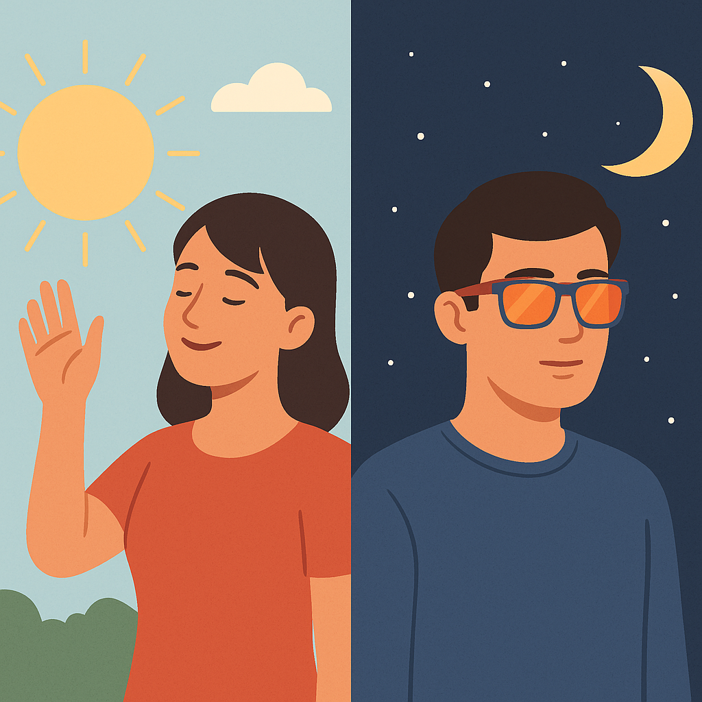 A graphic showing a person getting morning sunlight, and another person using blue-light blocking glasses at night.