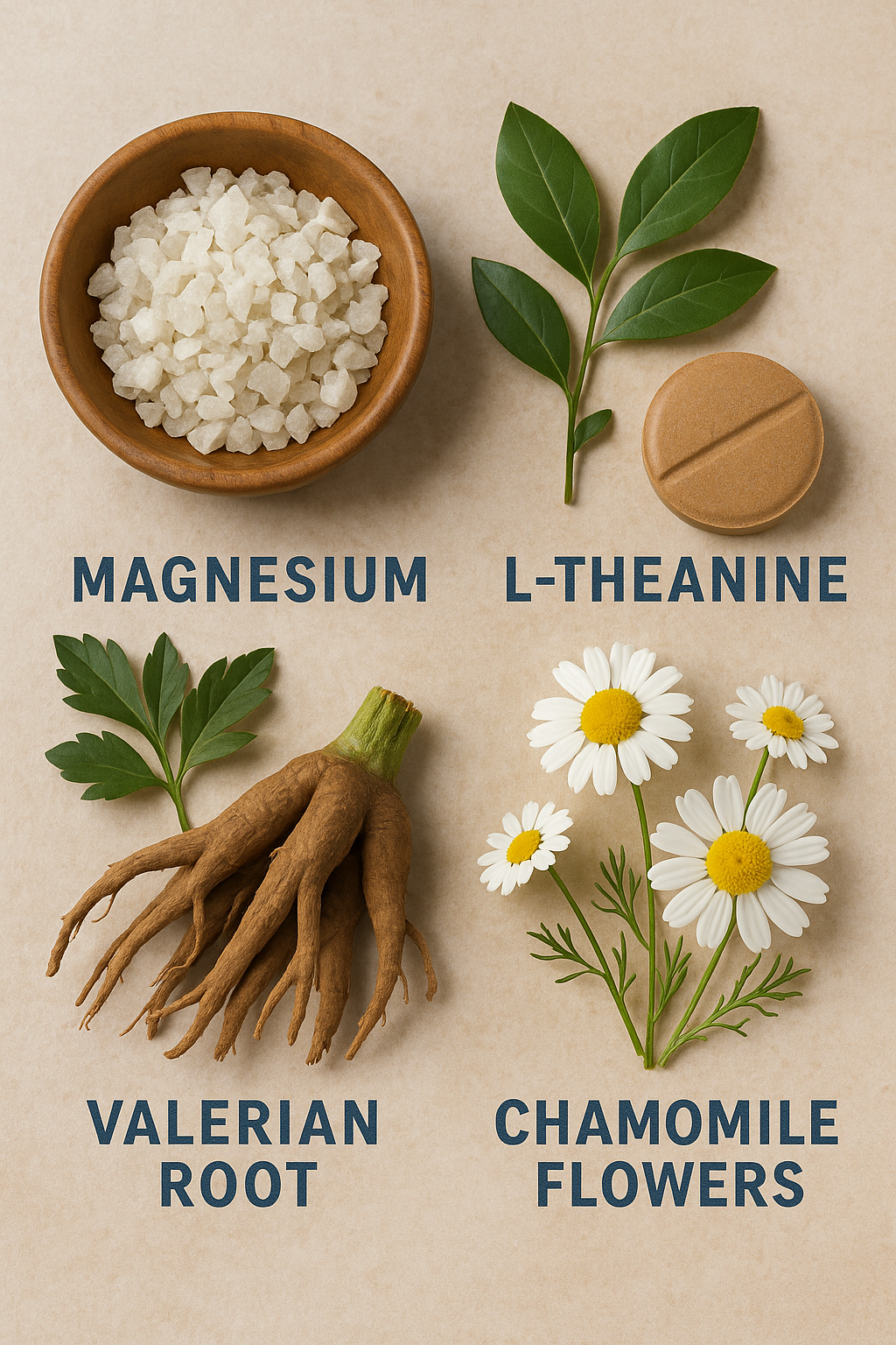 A collage of various natural sleep-promoting ingredients like magnesium, L-Theanine, valerian root, and chamomile flowers.