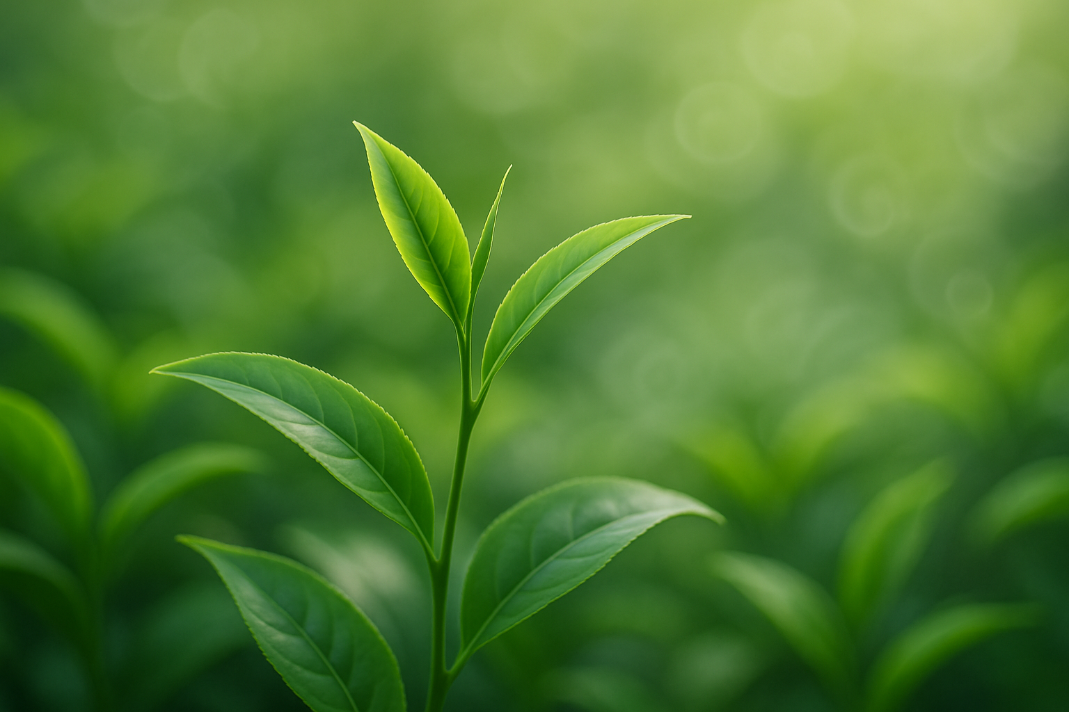 A close-up of green tea leaves, symbolizing L-Theanine, with subtle calming effects depicted.