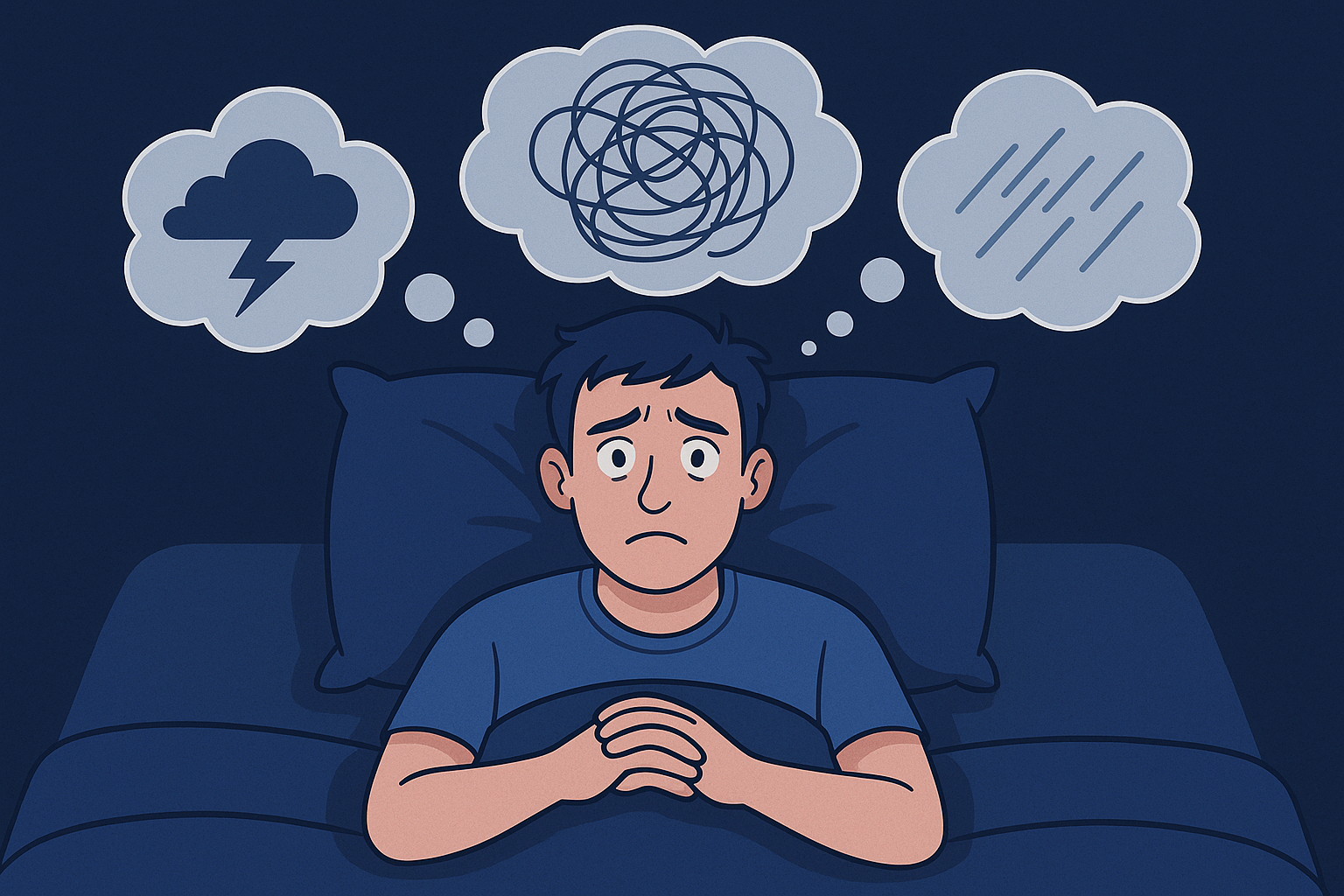 An illustration depicting a person with a racing mind in bed, surrounded by thought bubbles representing stress and anxiety.