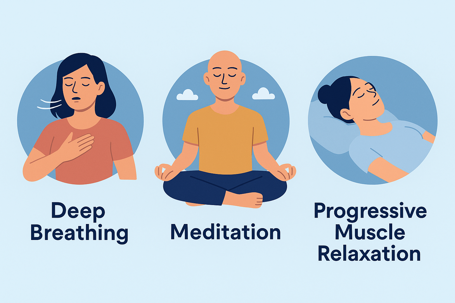 A graphic illustrating various relaxation techniques: deep breathing, meditation, and progressive muscle relaxation.