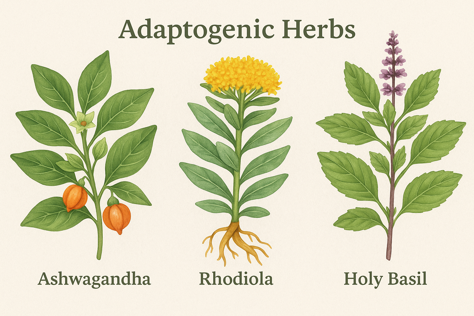 A visual representation of adaptogenic herbs like Ashwagandha, Rhodiola, and Holy Basil.