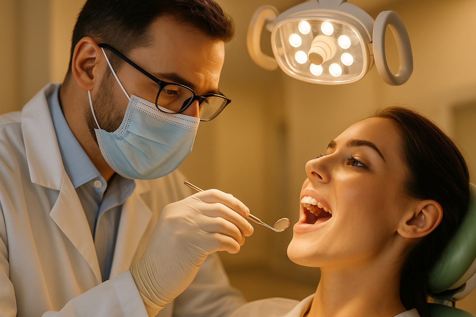 Professional photo of a dentist examining a patient's mouth with modern dental equipment. The image should convey trust, professionalism, and modern dental care. Include warm lighting and a clean, clinical environment.