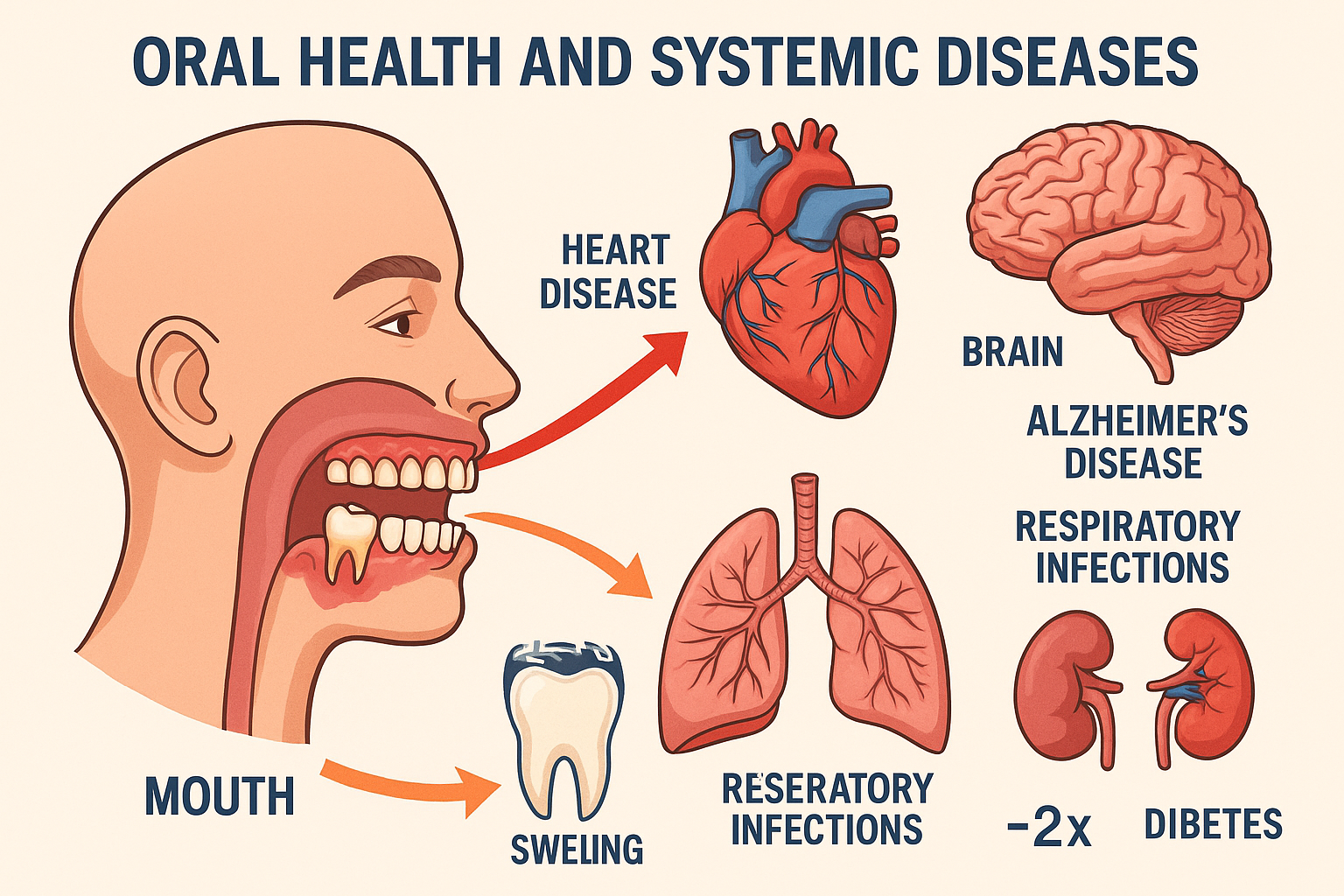 Detailed infographic showing the connection between oral health and systemic diseases. Include arrows connecting the mouth to the heart, brain, lungs, and other organs. Use medical illustrations with clear labels and statistics.