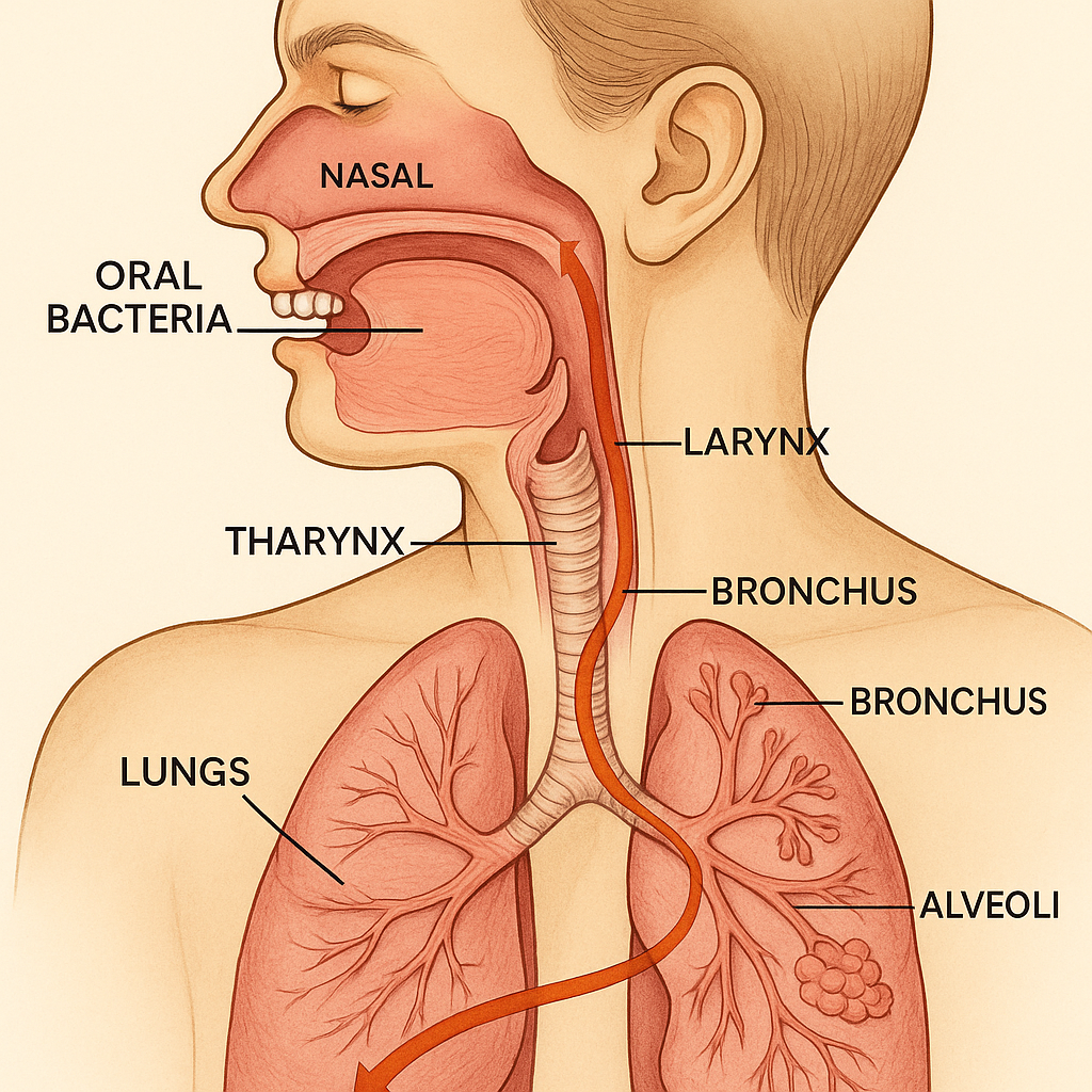 Cross-section illustration of the human respiratory system showing how oral bacteria can travel from the mouth to the lungs. Include detailed anatomical labels and highlight the pathway of bacterial transmission.
