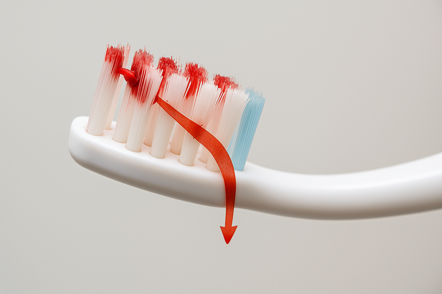 High-quality close-up photograph of a toothbrush with blood on the bristles after brushing. The image should be clear and detailed, showing the reality of bleeding gums without being overly graphic.