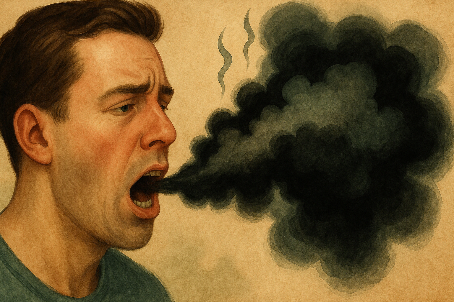Artistic representation of bad breath using visual metaphors like dark clouds or unpleasant odors emanating from a person's mouth. The image should be tasteful and educational rather than offensive.