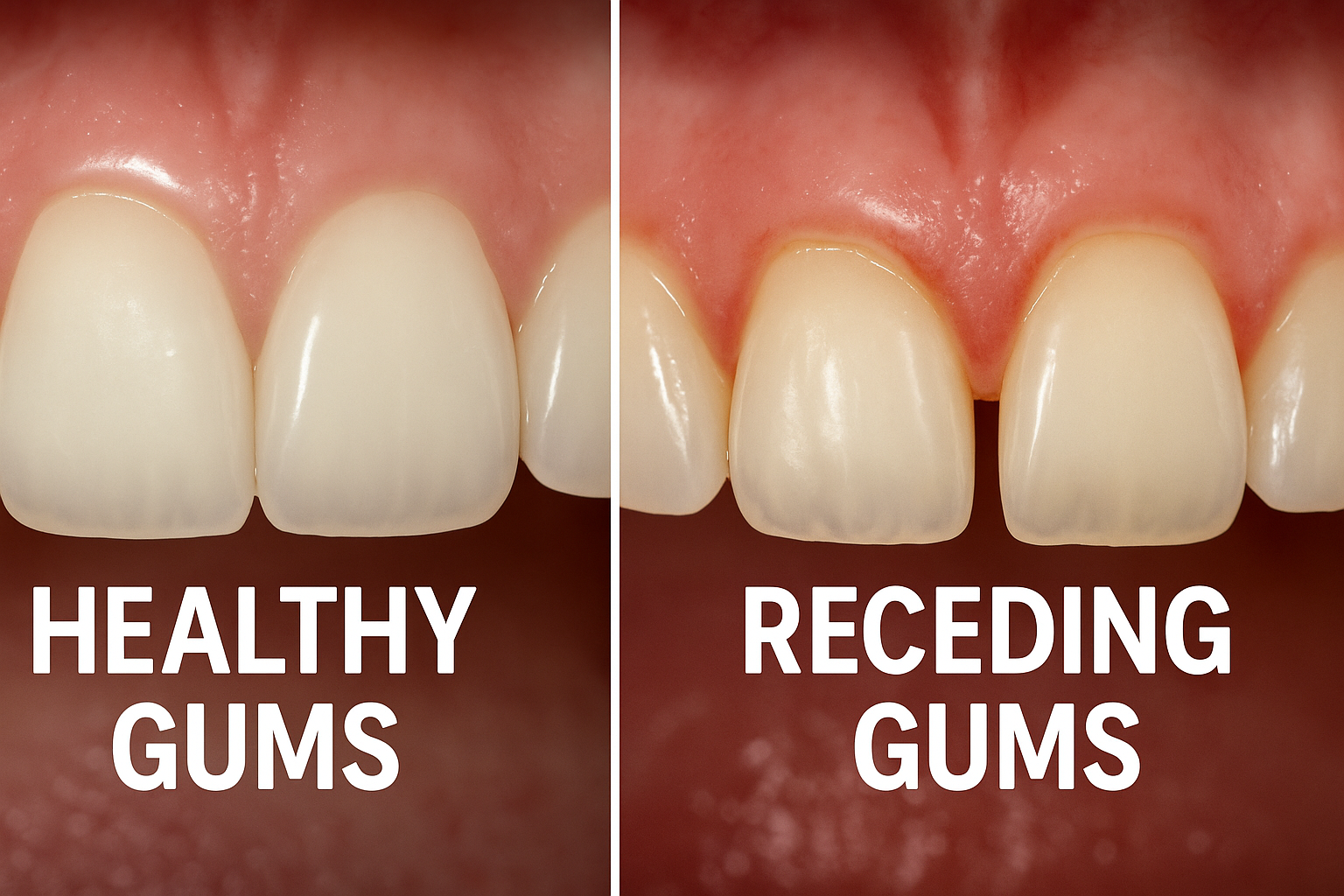 Side-by-side comparison showing healthy gums versus receding gums. The images should clearly show the difference in gum line position and root exposure. Use professional dental photography standards.