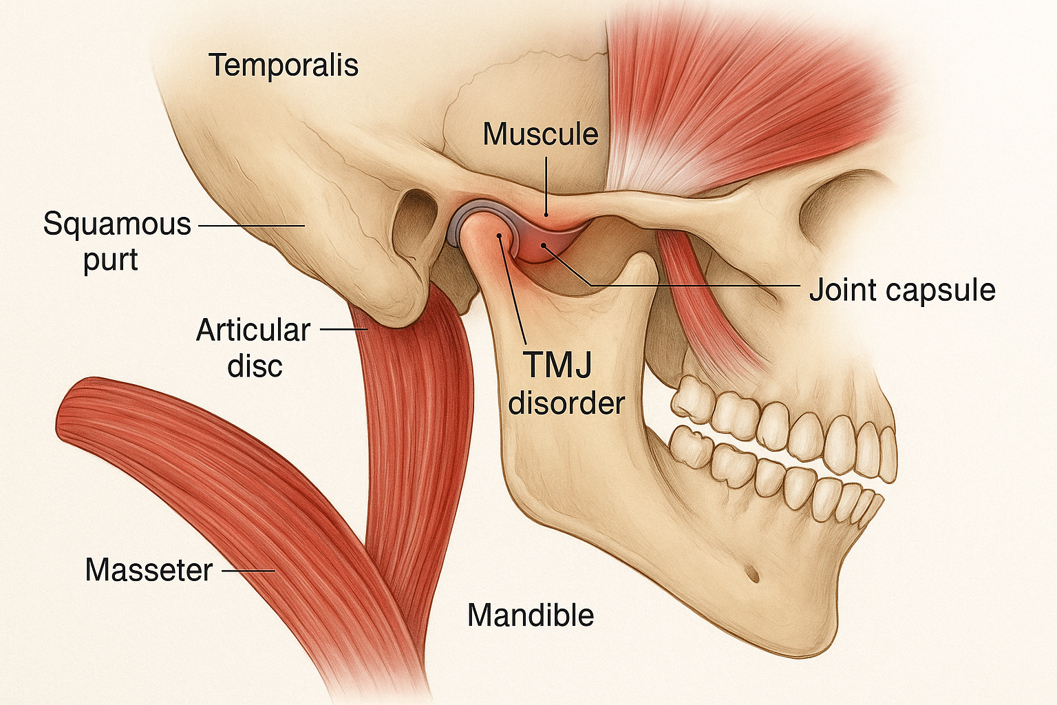 Detailed anatomical illustration of the temporomandibular joint (TMJ) showing the jaw bones, muscles, and joint components. Include labels and highlight areas commonly affected by TMJ disorders.