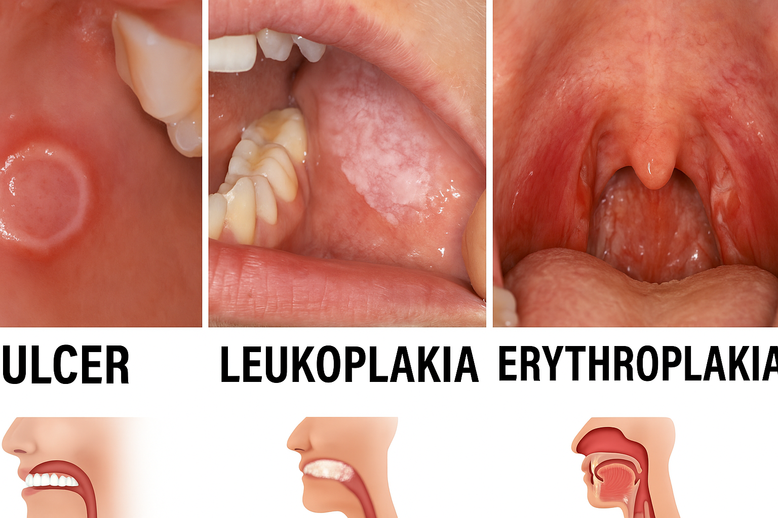 Professional medical photographs showing examples of oral lesions, white patches (leukoplakia), and red patches (erythroplakia). Images should be clear and educational, sourced from medical literature or created with proper medical consultation.