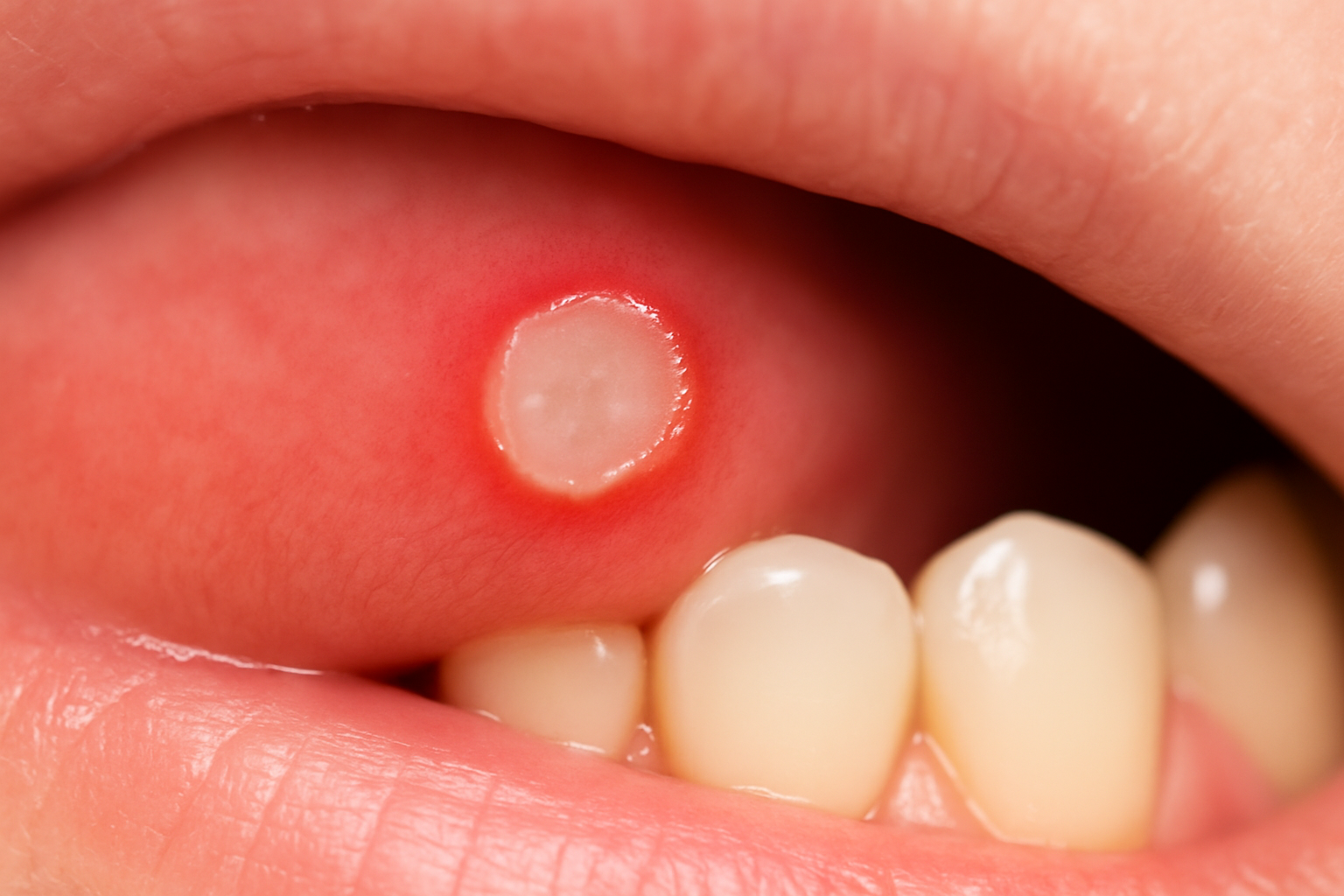 Clear clinical photograph of a canker sore showing the characteristic appearance with a white or yellow center and red border. The image should be educational and professionally captured.