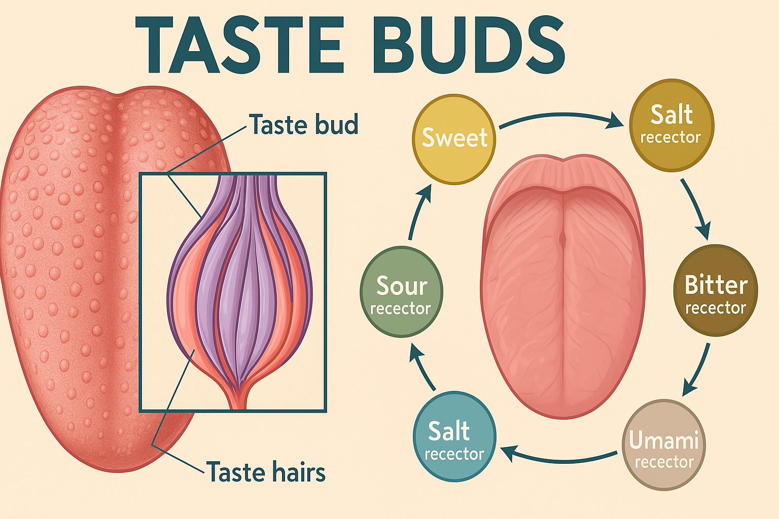 Scientific illustration of taste buds on the tongue, showing the different types of taste receptors and how they function. Include labels and explanations of how taste perception works.