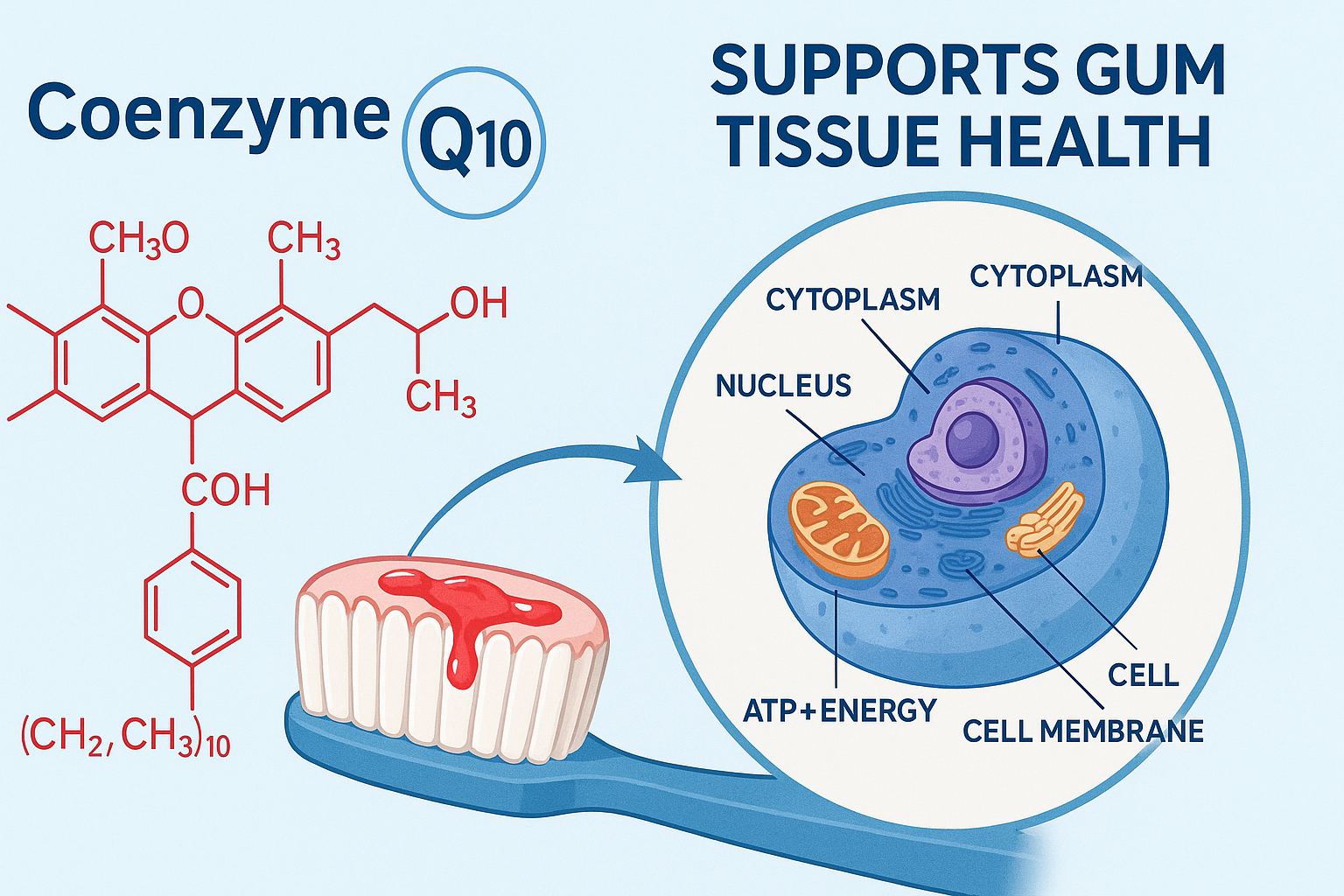 Scientific diagram showing the molecular structure of Coenzyme Q10 and how it functions at the cellular level to support gum tissue health. Include clear labels and explanations.