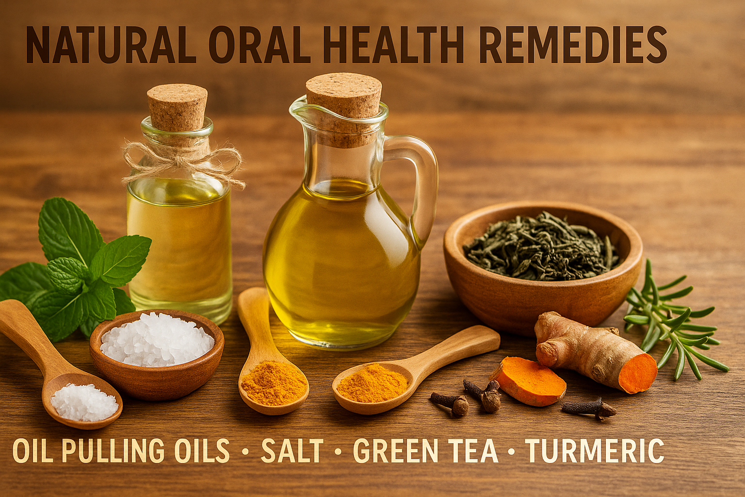 Artistic arrangement of natural oral health remedies including oil pulling oils, salt, green tea, turmeric, and other natural ingredients. The image should be aesthetically pleasing and educational.