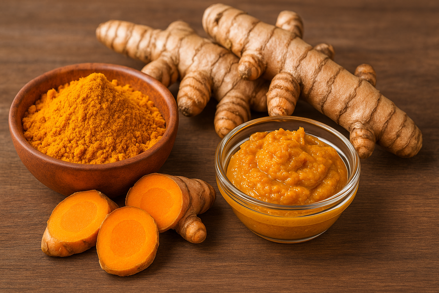 High-quality photograph of fresh turmeric root alongside turmeric powder, showing the natural source of this powerful anti-inflammatory compound. Include some prepared turmeric paste for oral health use.
