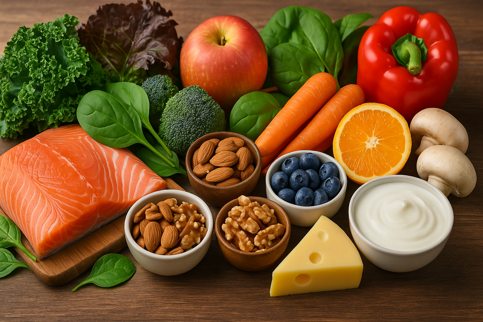 Beautiful arrangement of foods that promote oral health including leafy greens, nuts, fish, dairy products, and colorful fruits and vegetables. The image should be vibrant and appetizing while being educational.
