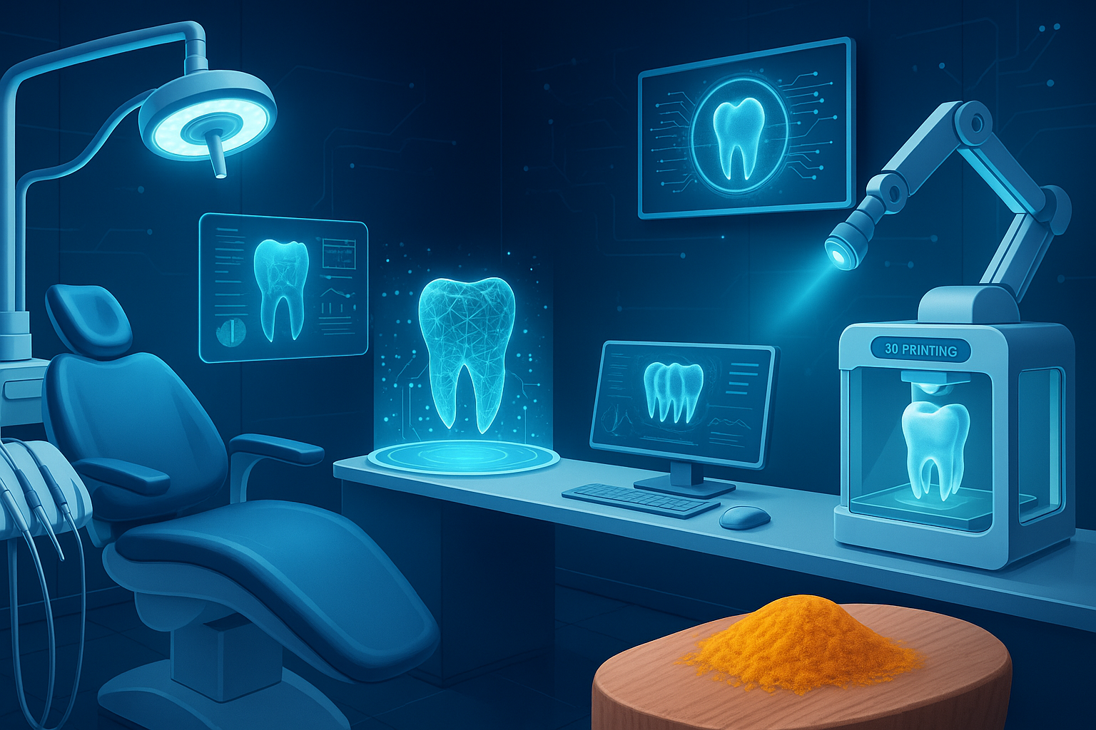 Futuristic image showing advanced dental technologies like laser treatments, 3D printing, AI diagnostics, and other emerging technologies in a modern dental office setting.