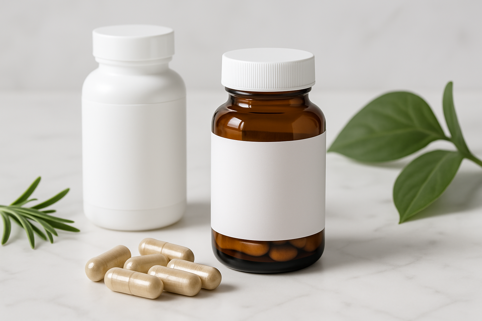 Clean and safe supplement bottles with natural elements