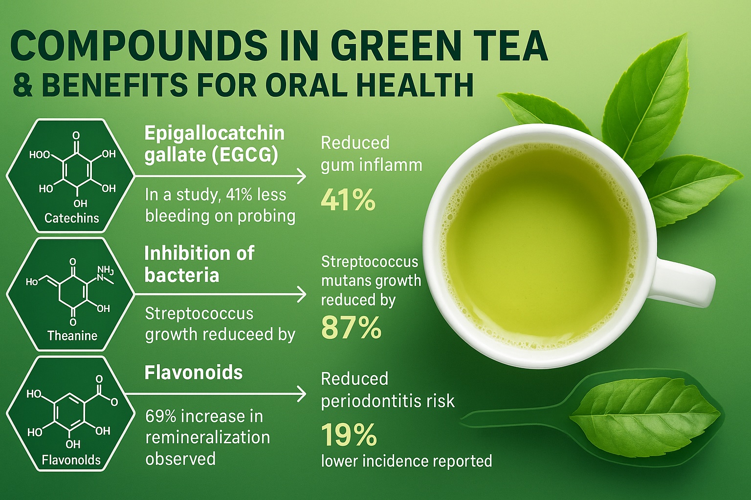 Infographic showing the various compounds in green tea and their specific benefits for oral health. Include molecular structures and statistical data from research studies.