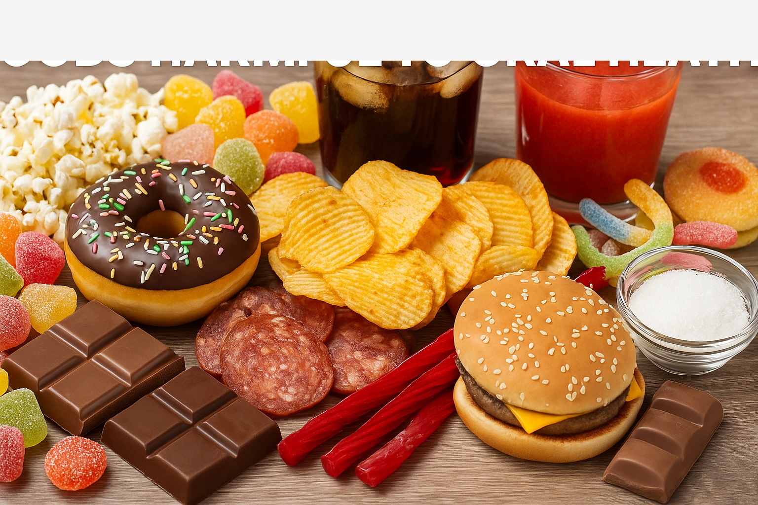 Educational image showing foods that are harmful to oral health, including sugary snacks, acidic drinks, and processed foods. The image should clearly communicate which foods to avoid without being preachy.